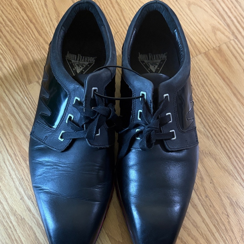 John Fluevog Sleek Black Leather Derbys